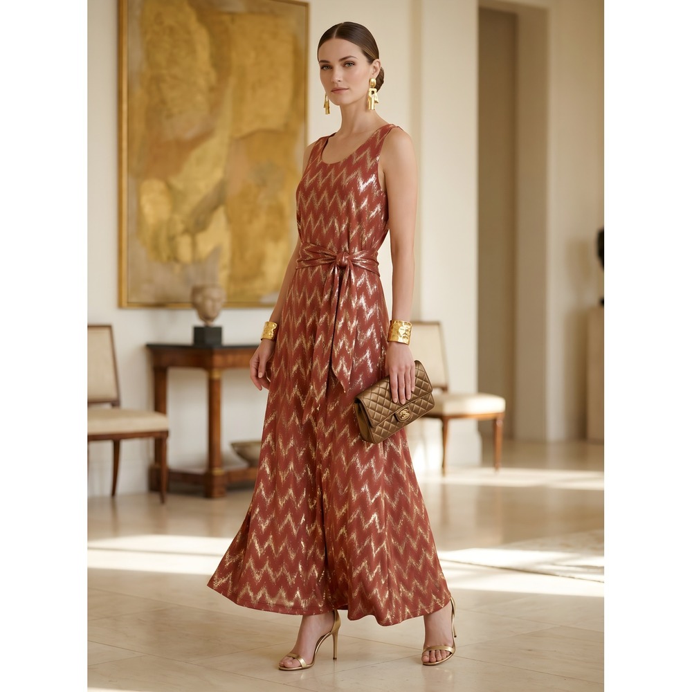 Soft Surroundings Metallic Gold Chevron Maxi Dress Rust Orange Sleeveless Large